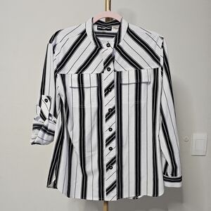 Karl Lagerfeld Paris Black/White Striped Button Front Blouse 3/4 Sleeve SZ Small